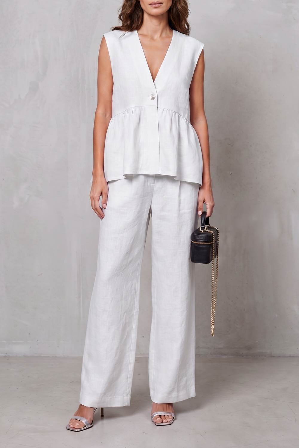 Women's V Neck Peplum Top and Wide Leg Trouser Set - Alorienne