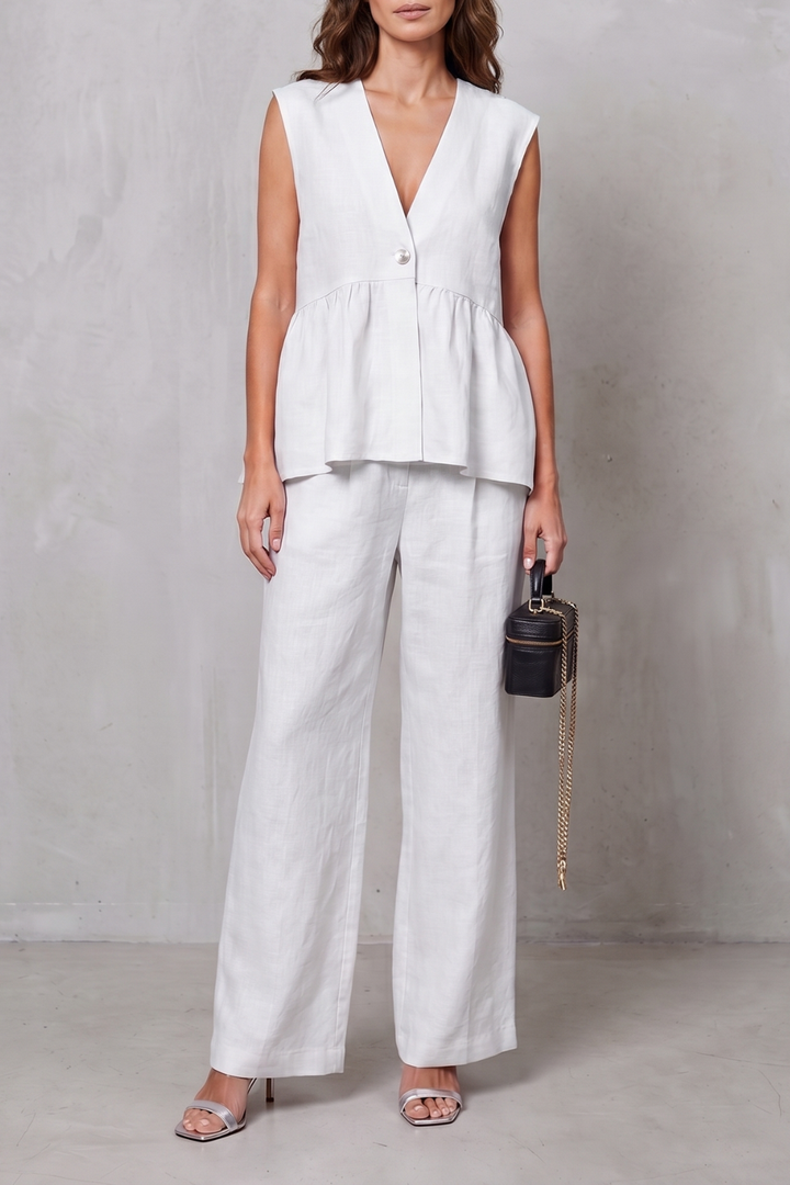 Women's V Neck Peplum Top and Wide Leg Trouser Set - Alorienne