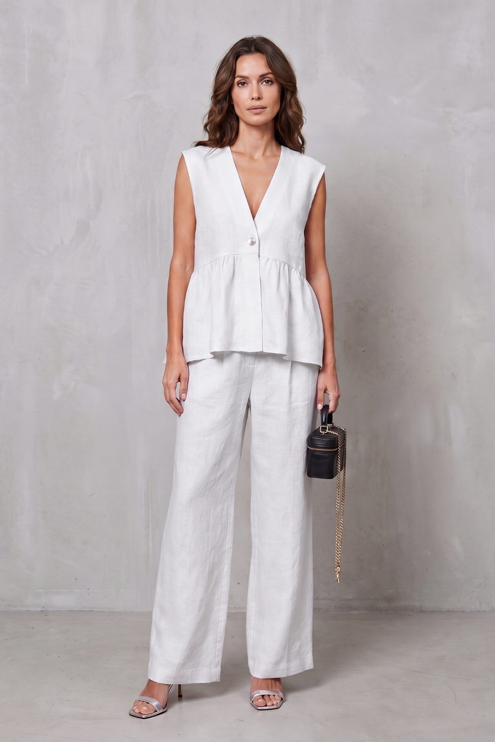 Women's V Neck Peplum Top and Wide Leg Trouser Set - Alorienne