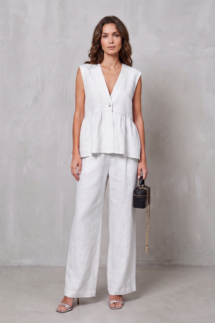 Women's V Neck Peplum Top and Wide Leg Trouser Set - Alorienne