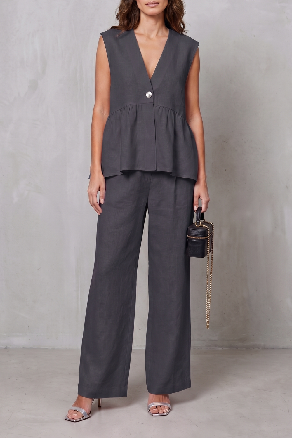 Women's V Neck Peplum Top and Wide Leg Trouser Set - Alorienne