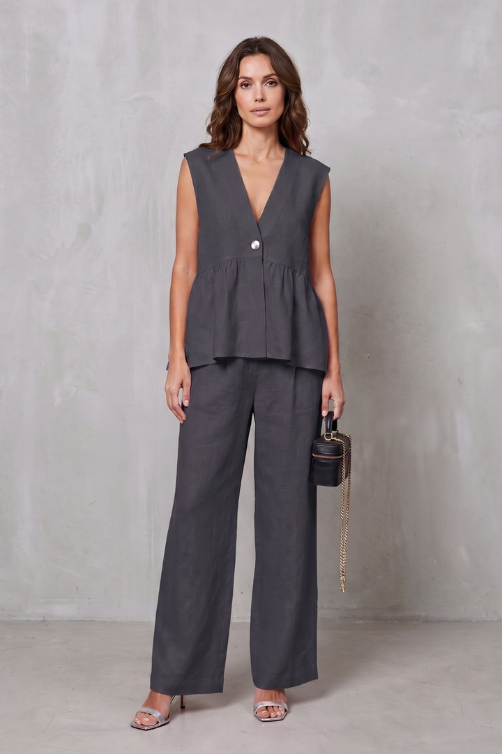 Women's V Neck Peplum Top and Wide Leg Trouser Set - Alorienne