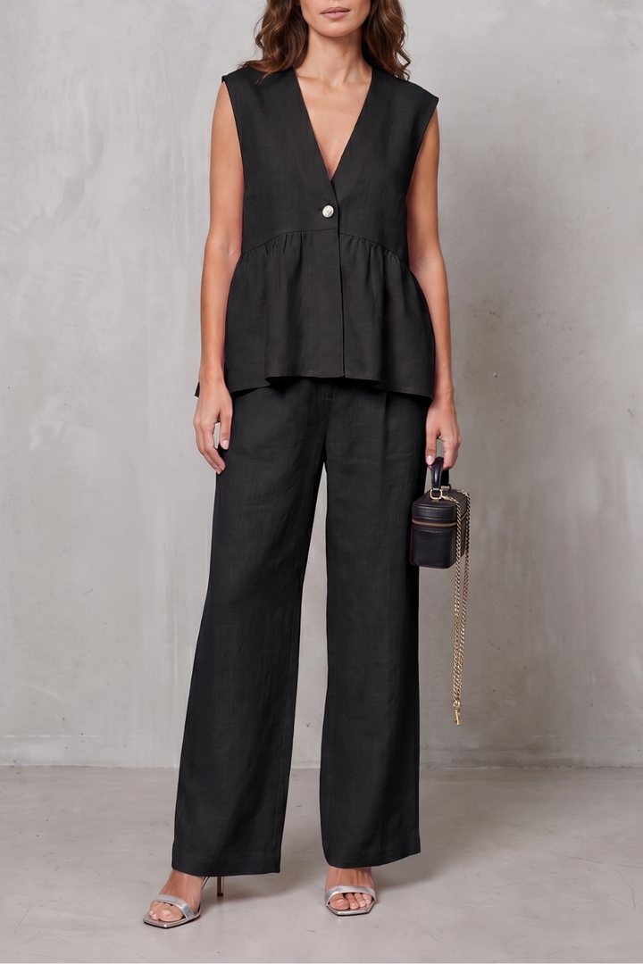 Women's V Neck Peplum Top and Wide Leg Trouser Set - Alorienne
