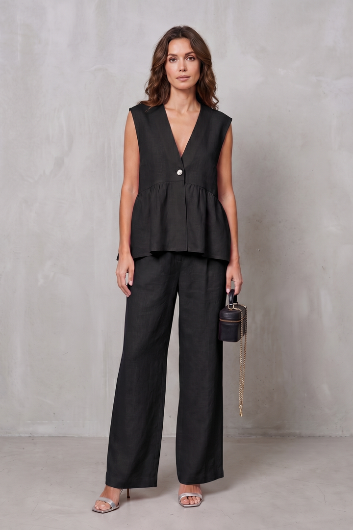 Women's V Neck Peplum Top and Wide Leg Trouser Set - Alorienne