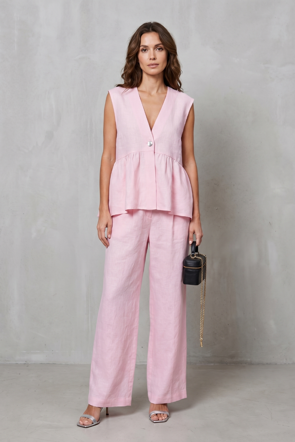 Women's V Neck Peplum Top and Wide Leg Trouser Set - Alorienne