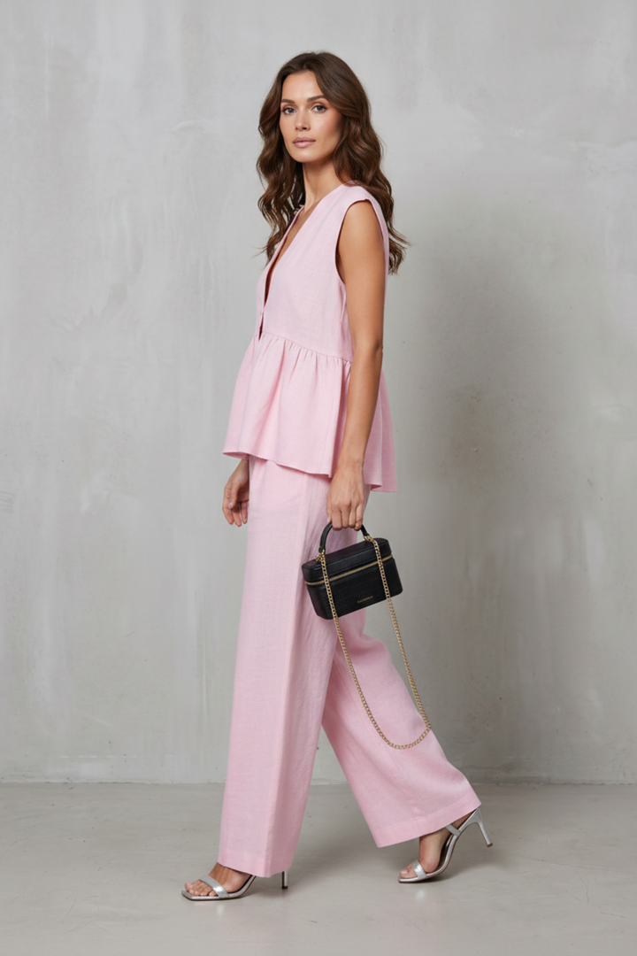 Women's V Neck Peplum Top and Wide Leg Trouser Set - Alorienne
