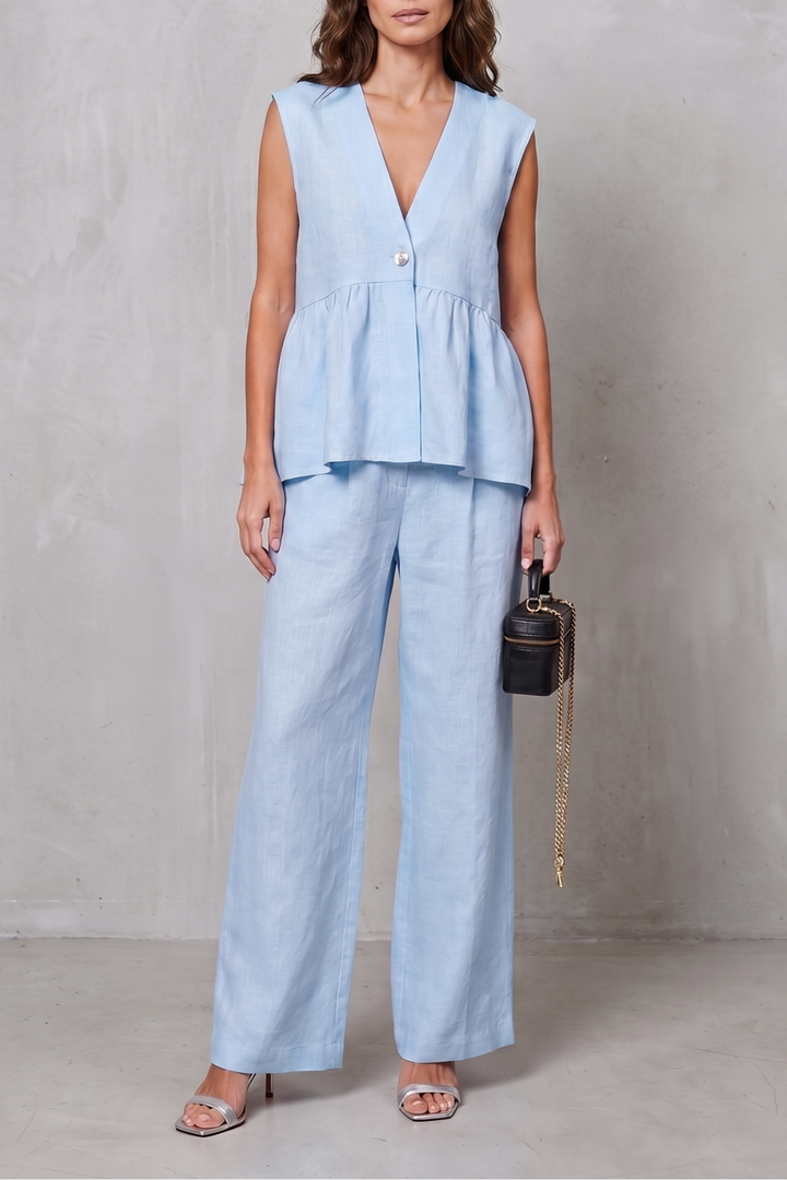 Women's V Neck Peplum Top and Wide Leg Trouser Set - Alorienne