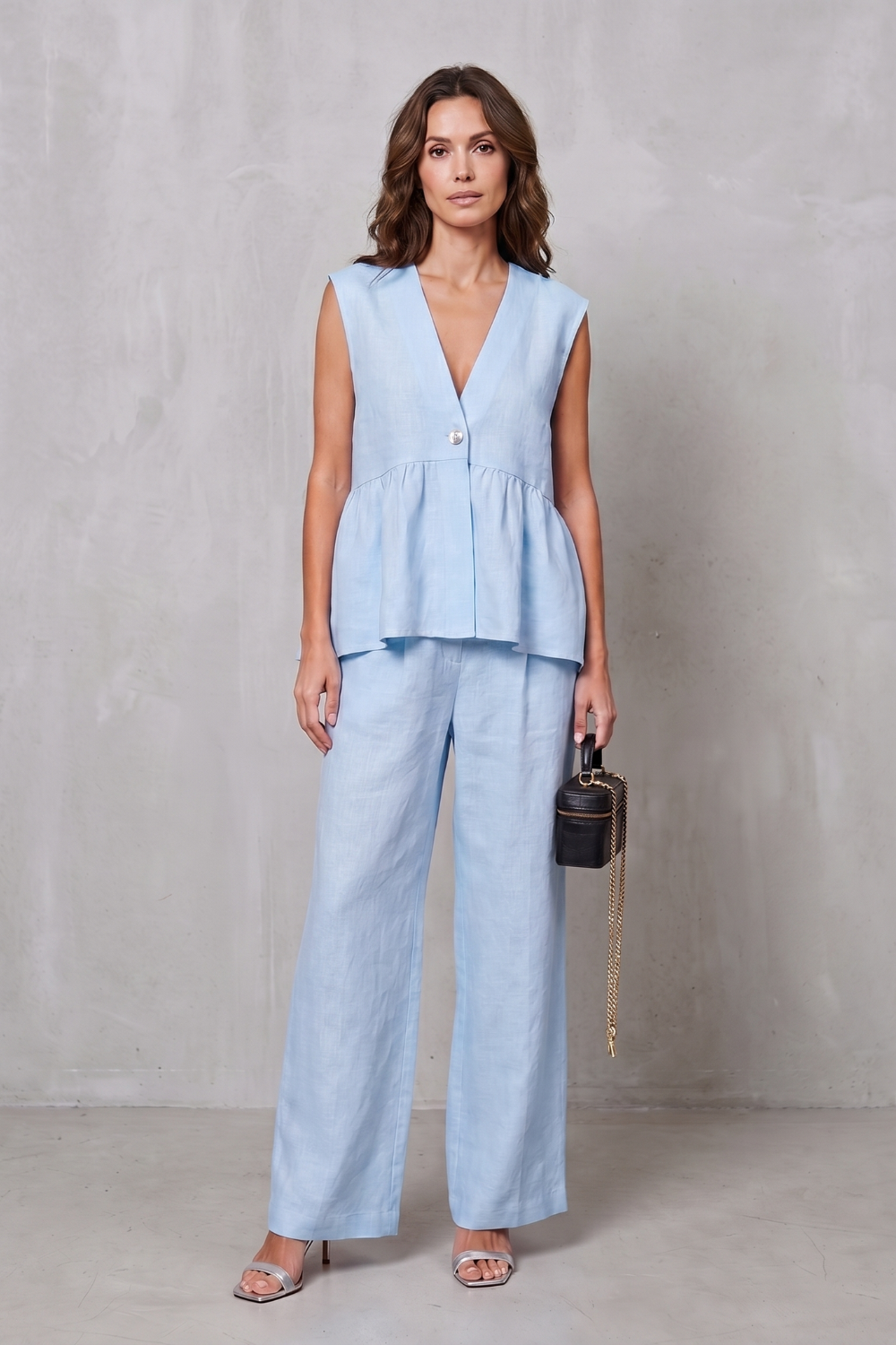 Women's V Neck Peplum Top and Wide Leg Trouser Set - Alorienne