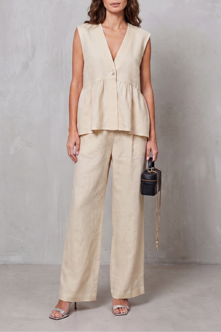 Women's V Neck Peplum Top and Wide Leg Trouser Set - Alorienne