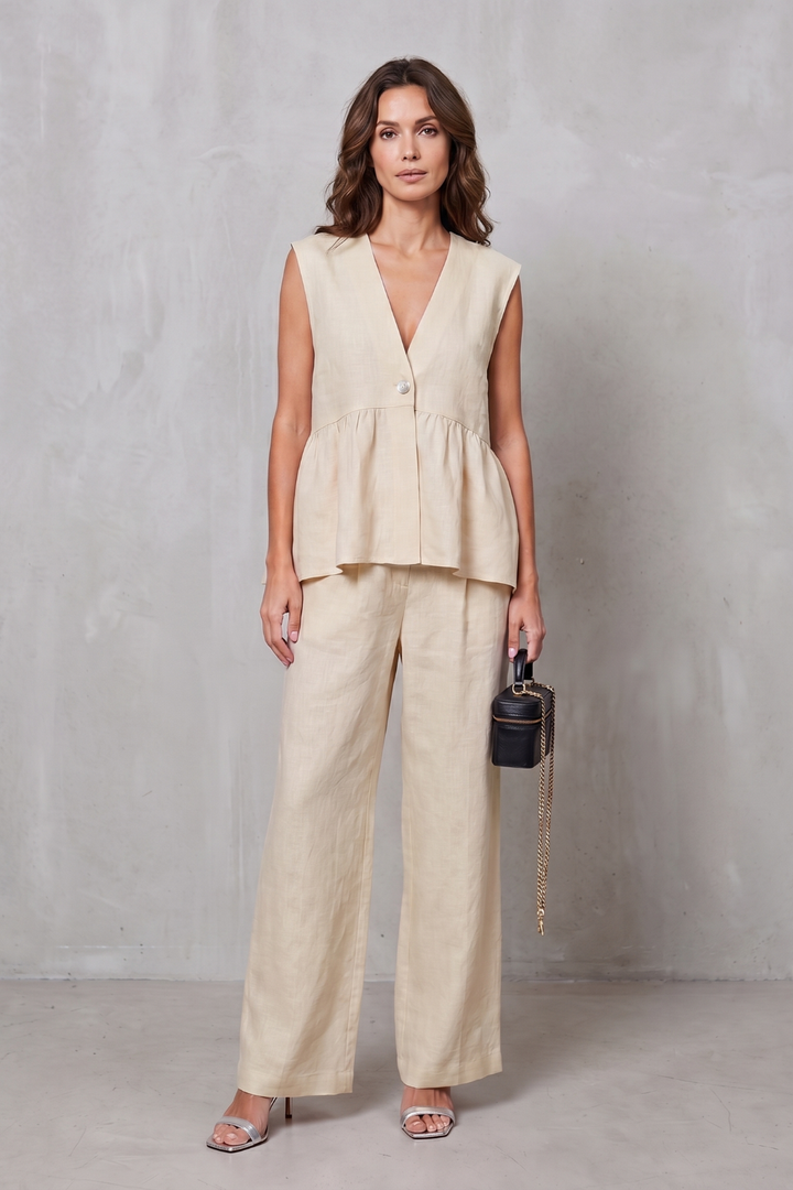 Women's V Neck Peplum Top and Wide Leg Trouser Set - Alorienne