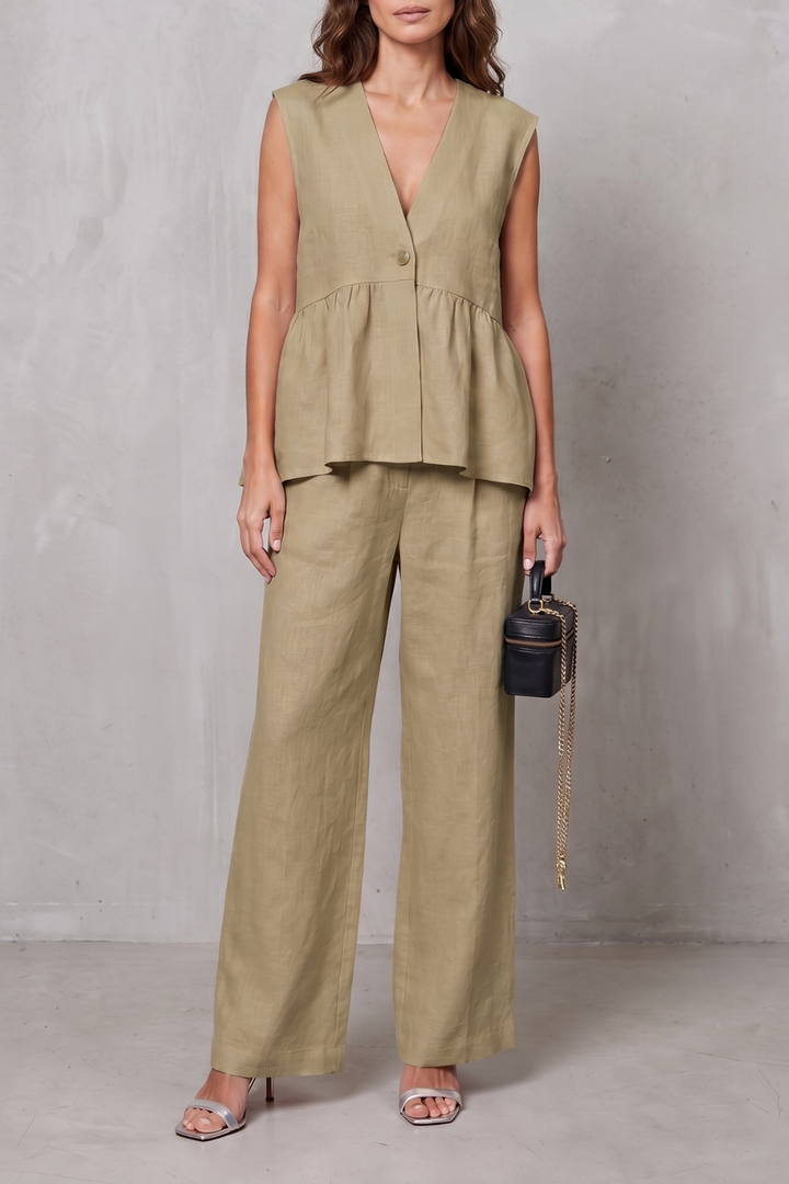 Women's V Neck Peplum Top and Wide Leg Trouser Set - Alorienne
