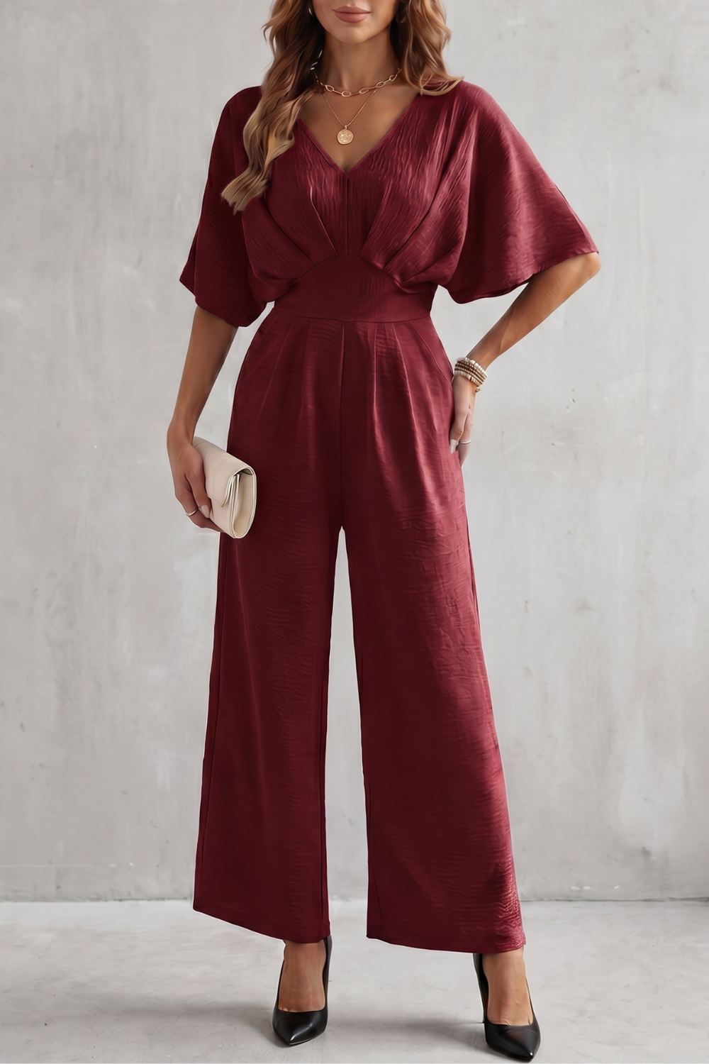 Women's Textured Batwing Sleeve Wide Leg Jumpsuit - Klarisse