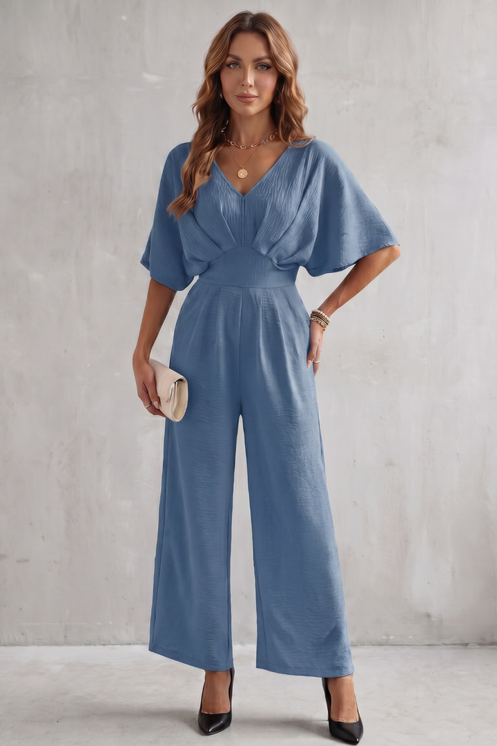 Women's Textured Batwing Sleeve Wide Leg Jumpsuit - Klarisse