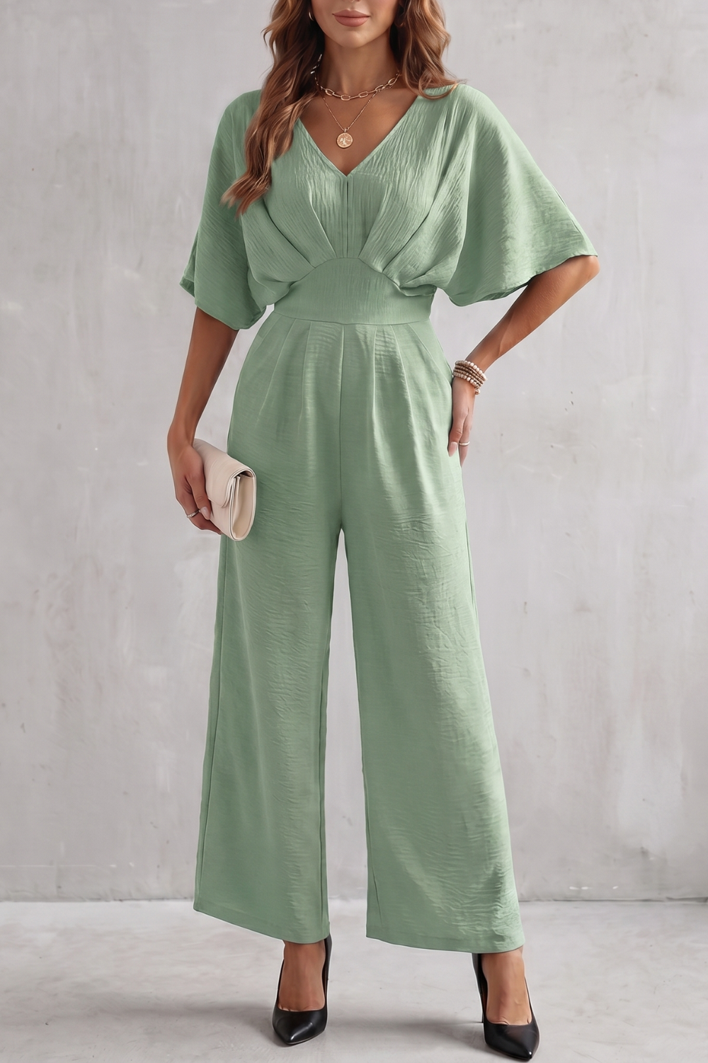 Women's Textured Batwing Sleeve Wide Leg Jumpsuit - Klarisse