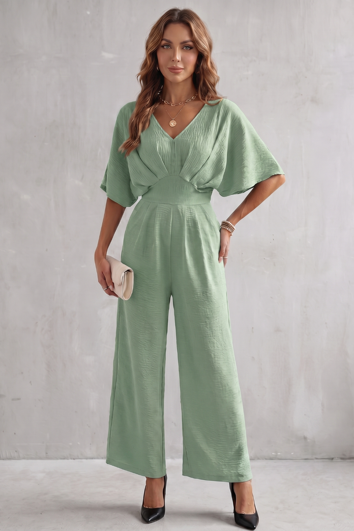 Women's Textured Batwing Sleeve Wide Leg Jumpsuit - Klarisse