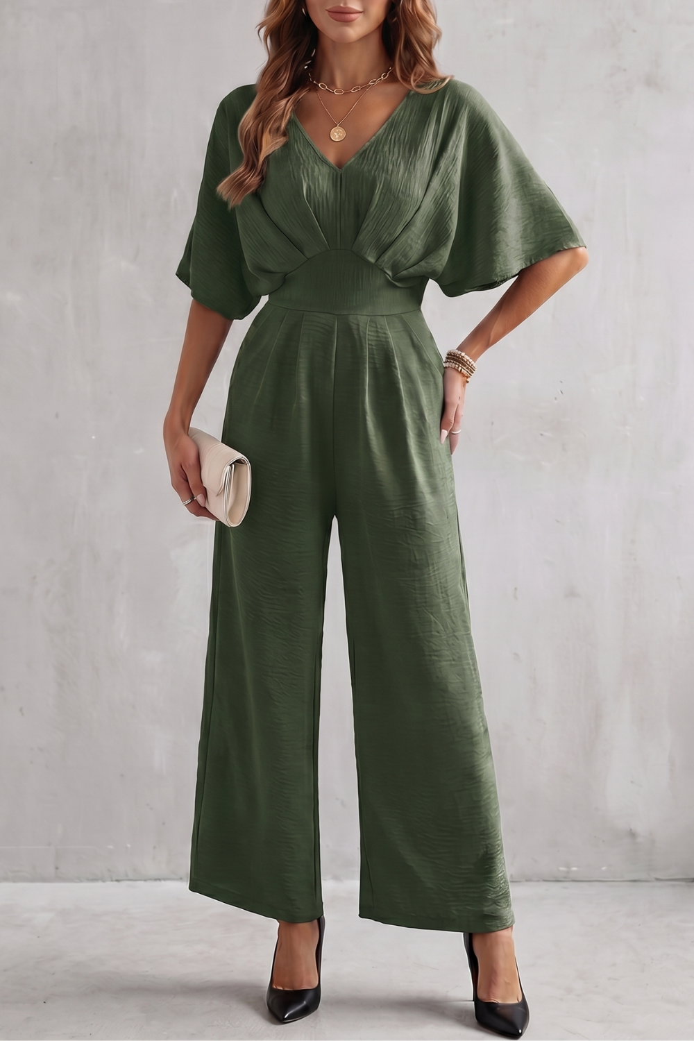 Women's Textured Batwing Sleeve Wide Leg Jumpsuit - Klarisse