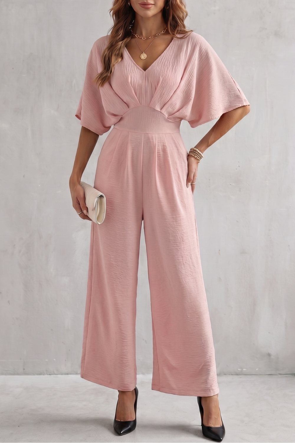 Women's Textured Batwing Sleeve Wide Leg Jumpsuit - Klarisse