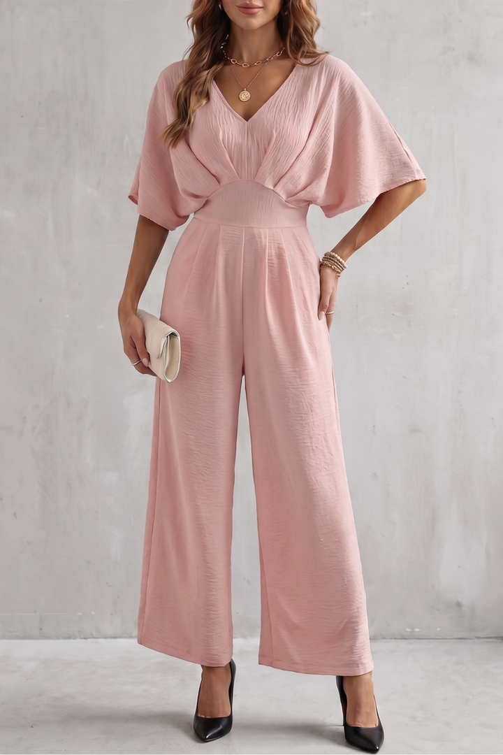 Women's Textured Batwing Sleeve Wide Leg Jumpsuit - Klarisse