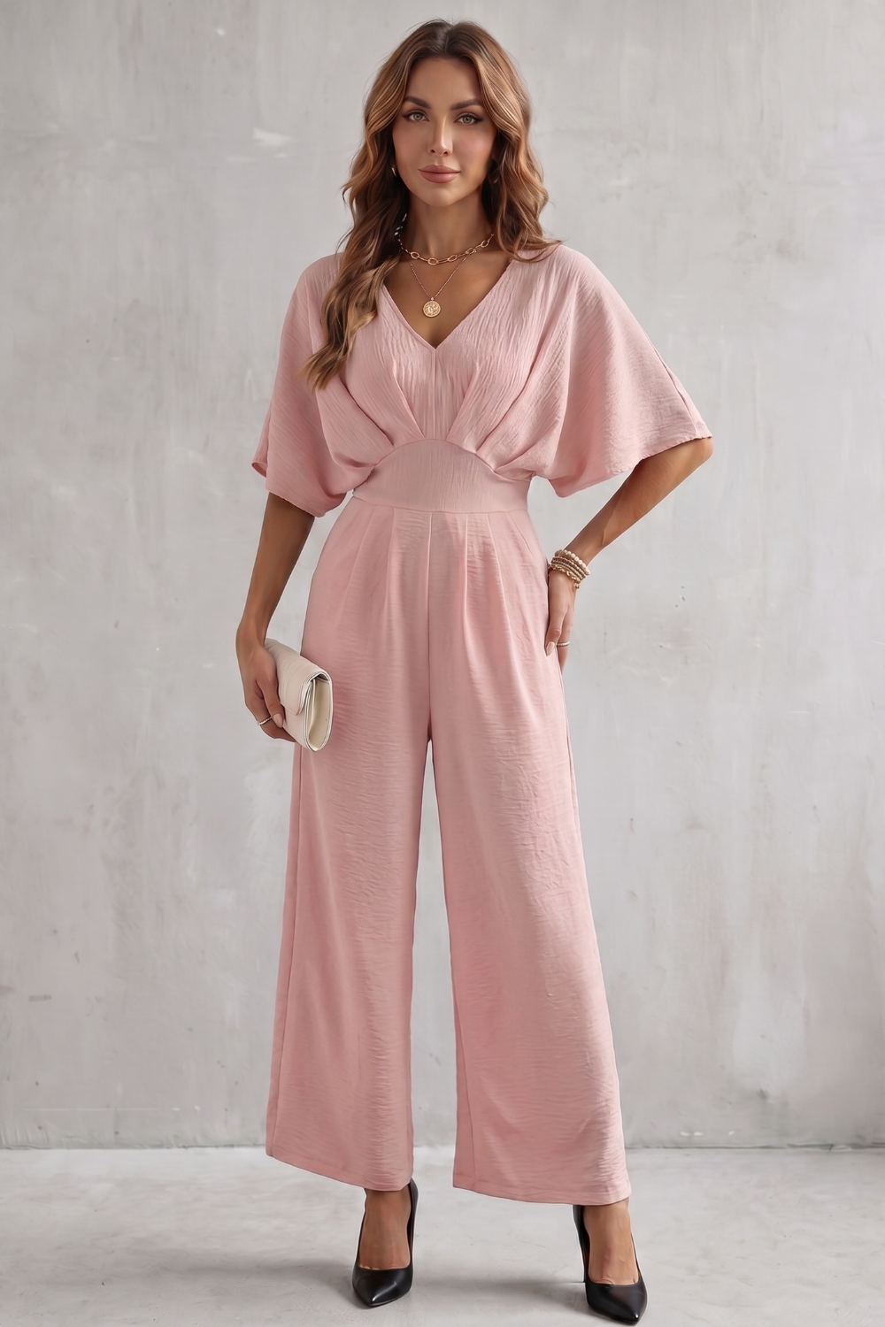 Women's Textured Batwing Sleeve Wide Leg Jumpsuit - Klarisse