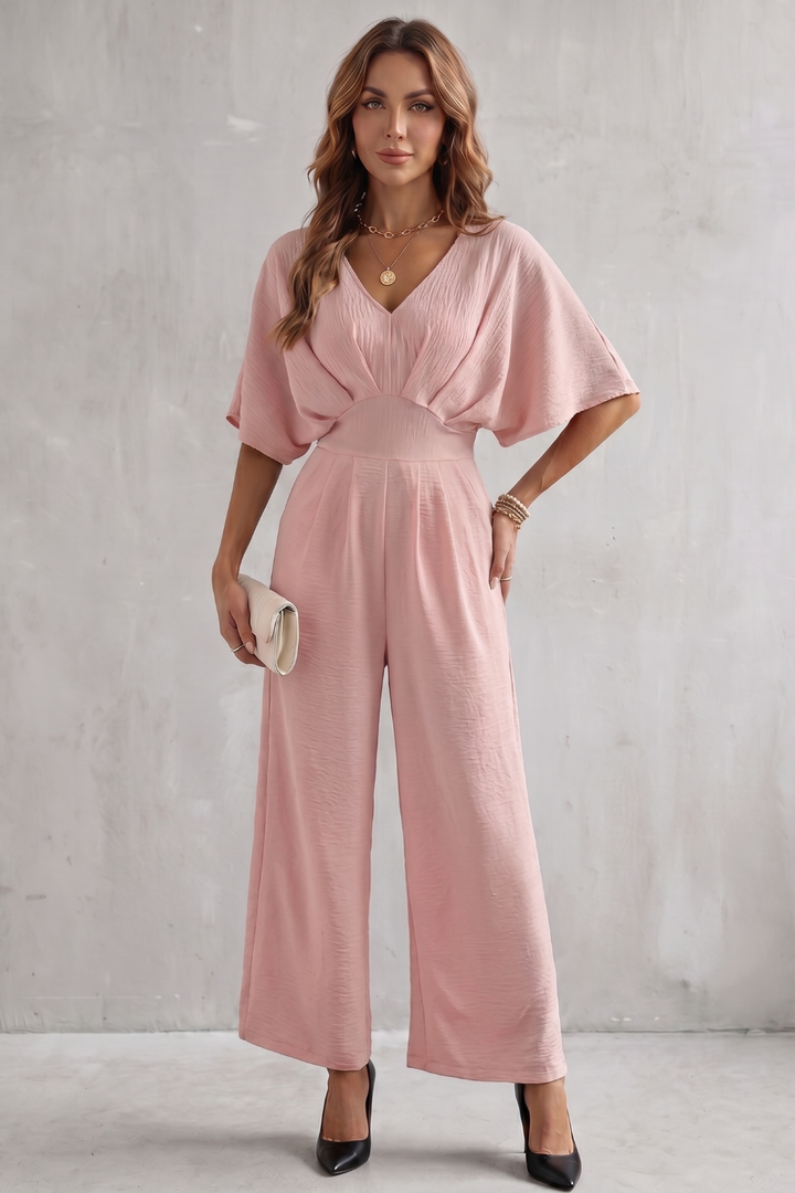 Women's Textured Batwing Sleeve Wide Leg Jumpsuit - Klarisse