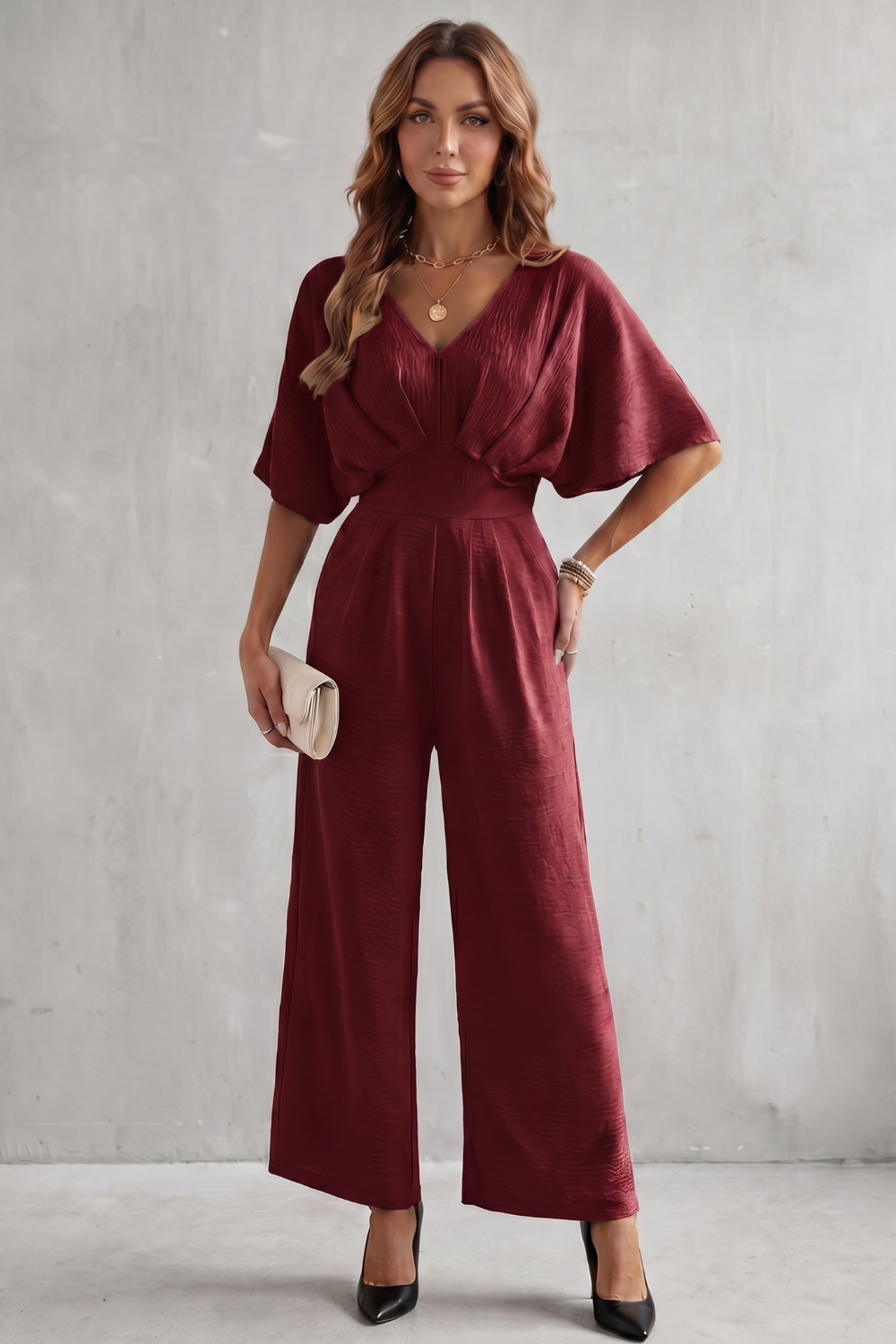 Women's Textured Batwing Sleeve Wide Leg Jumpsuit - Klarisse