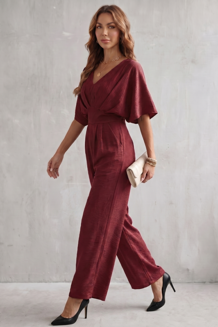 Women's Textured Batwing Sleeve Wide Leg Jumpsuit - Klarisse