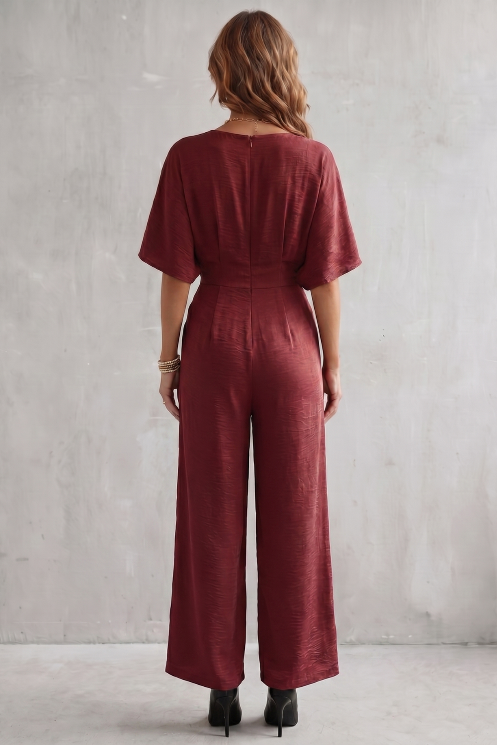 Women's Textured Batwing Sleeve Wide Leg Jumpsuit - Klarisse