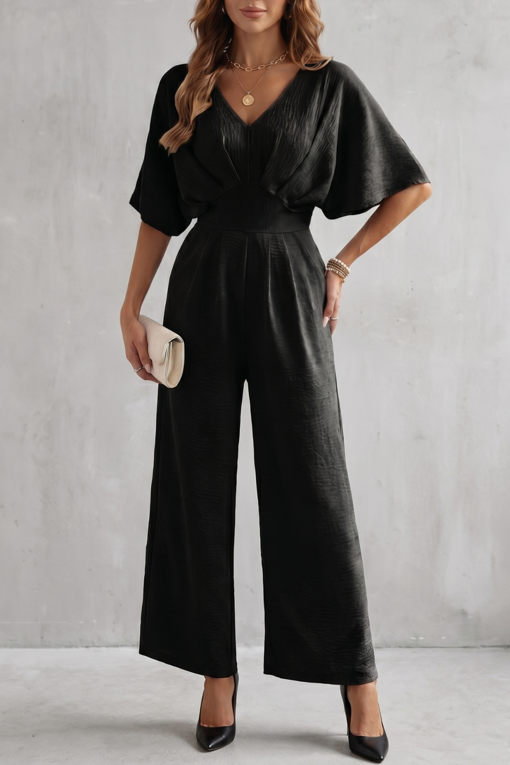 Women's Textured Batwing Sleeve Wide Leg Jumpsuit - Klarisse