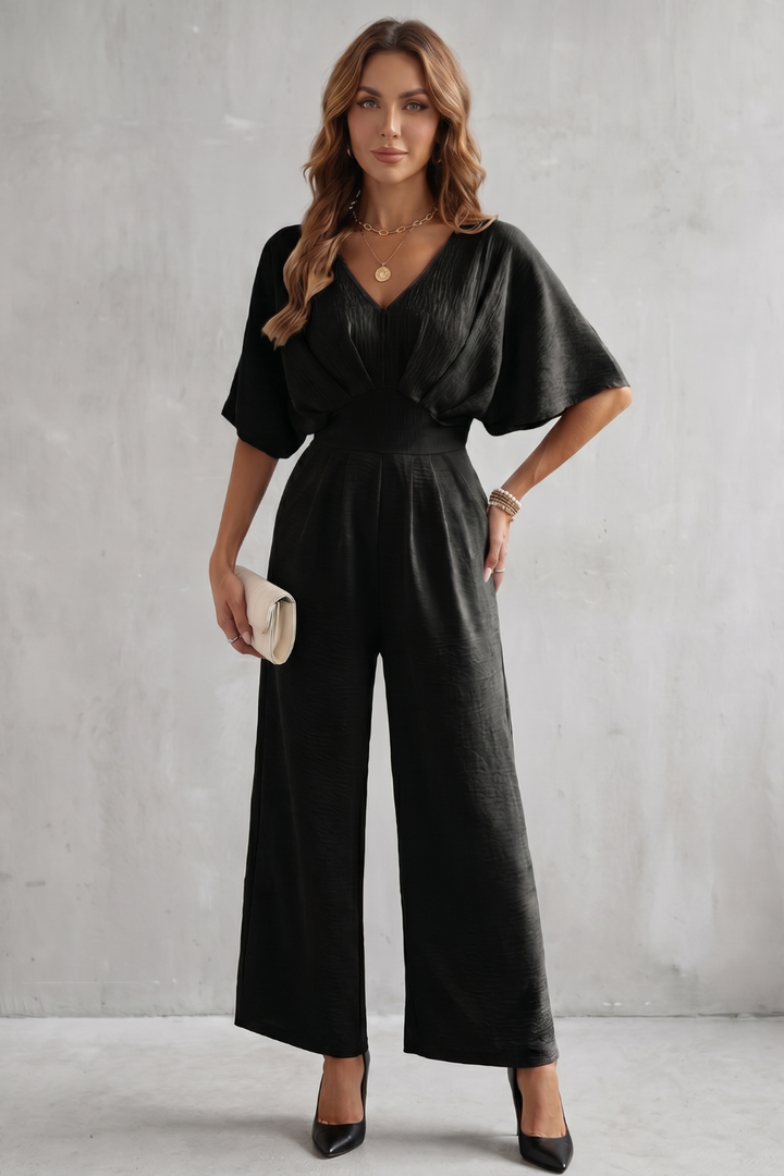 Women's Textured Batwing Sleeve Wide Leg Jumpsuit - Klarisse