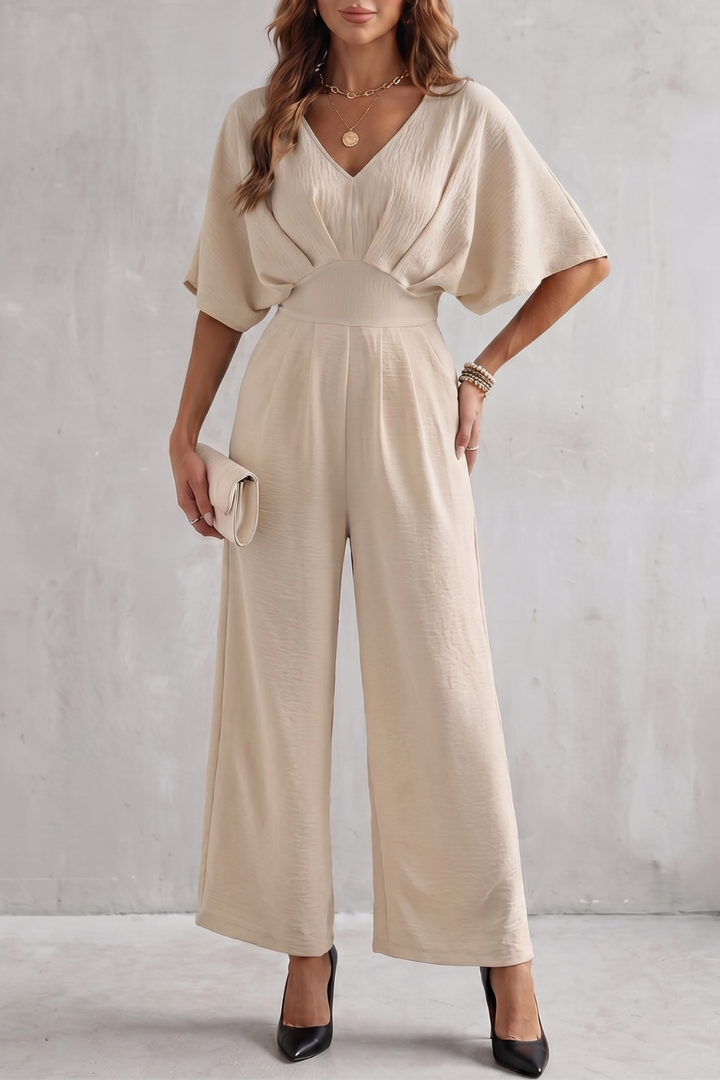 Women's Textured Batwing Sleeve Wide Leg Jumpsuit - Klarisse
