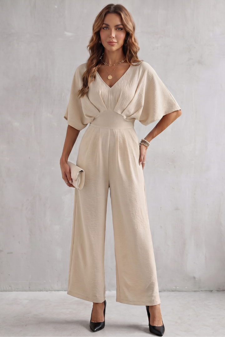 Women's Textured Batwing Sleeve Wide Leg Jumpsuit - Klarisse