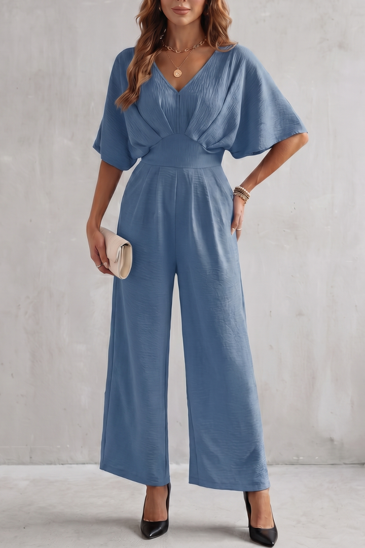 Women's Textured Batwing Sleeve Wide Leg Jumpsuit - Klarisse