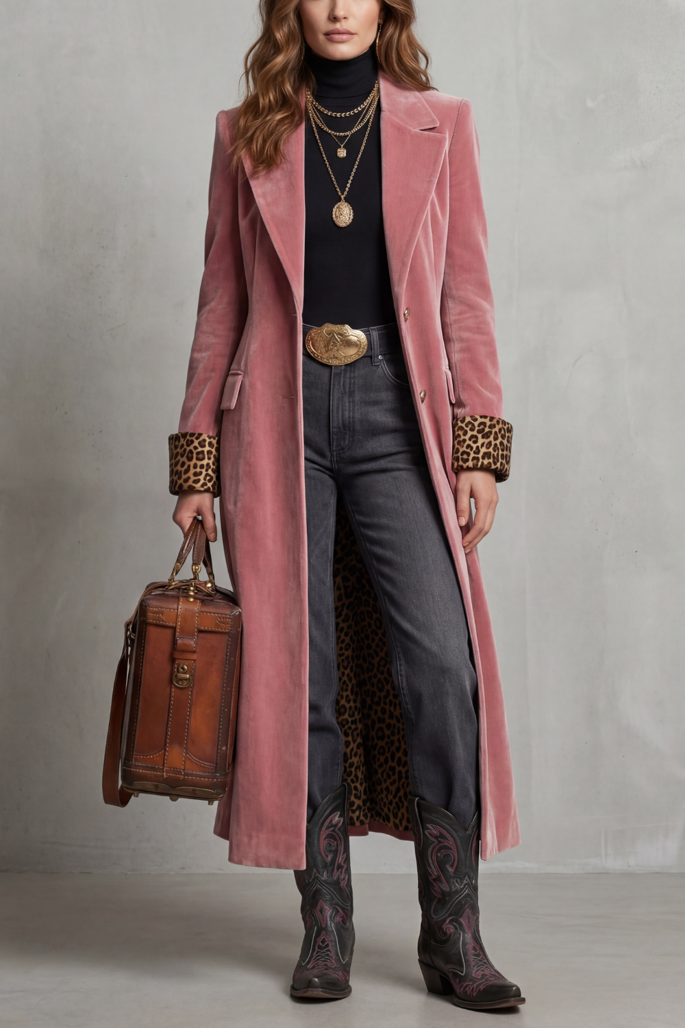 Women's Elegant Long Coat with Leopard-Print Velvet Lining – Marnie