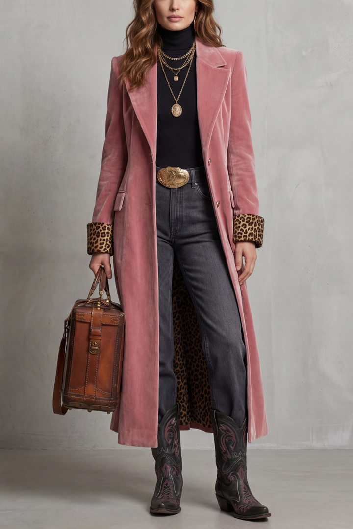 Women's Elegant Long Coat with Leopard-Print Velvet Lining – Marnie