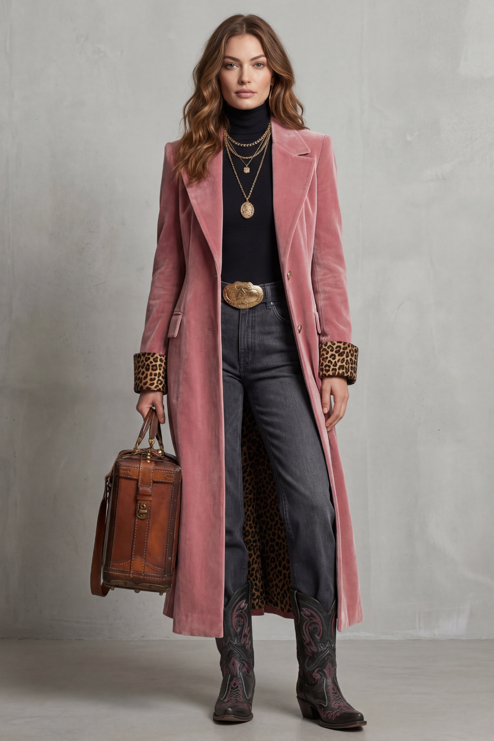 Women's Elegant Long Coat with Leopard-Print Velvet Lining – Marnie