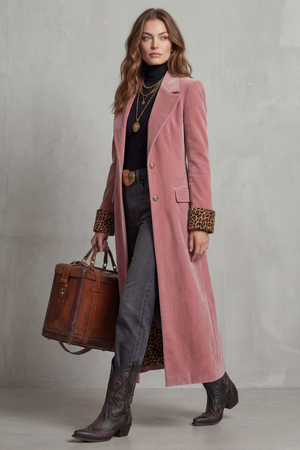 Women's Elegant Long Coat with Leopard-Print Velvet Lining – Marnie