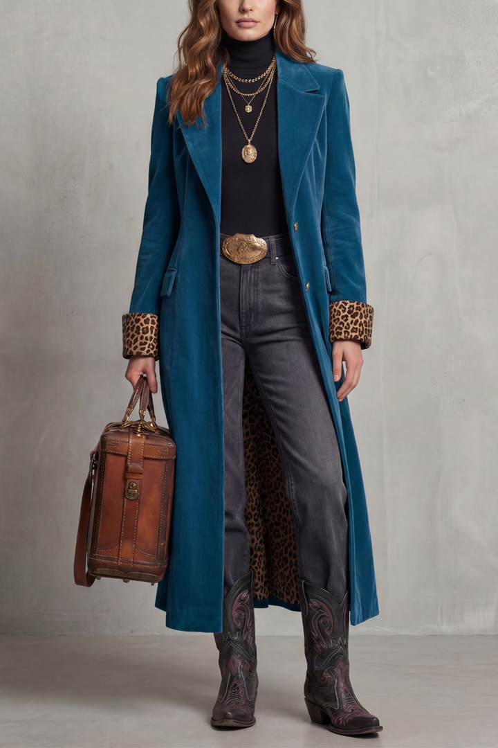 Women's Elegant Long Coat with Leopard-Print Velvet Lining – Marnie
