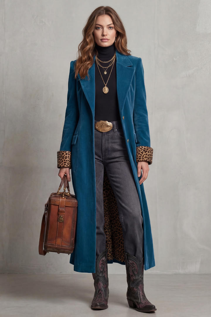Women's Elegant Long Coat with Leopard-Print Velvet Lining – Marnie