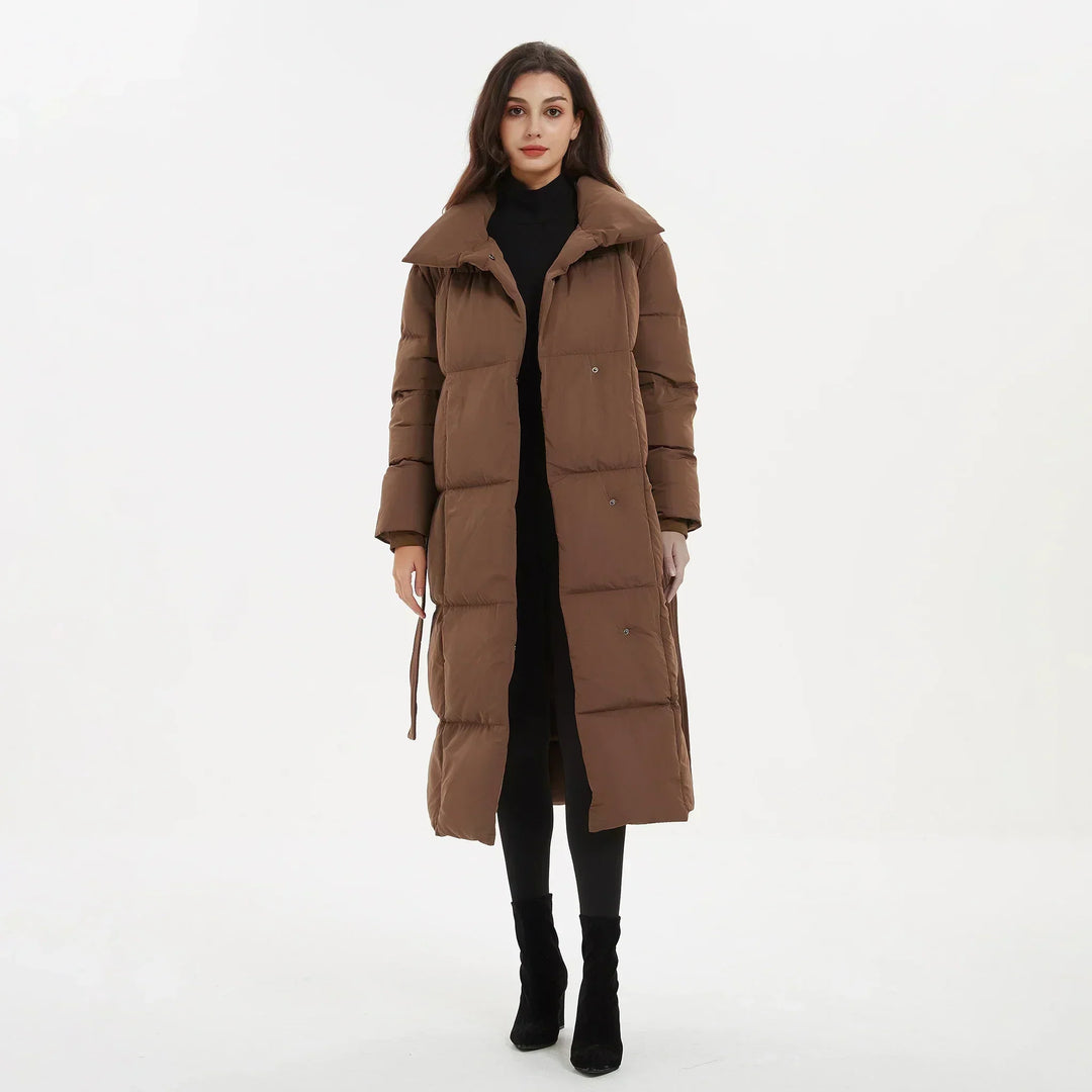 Women's long puffer coat Macey in Brown – front view unbelted