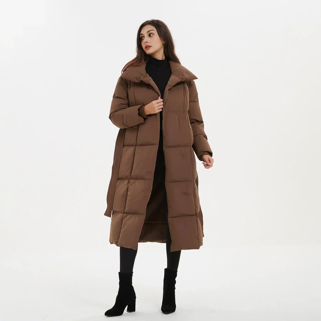 Women's long puffer coat Macey in Brown – worn open