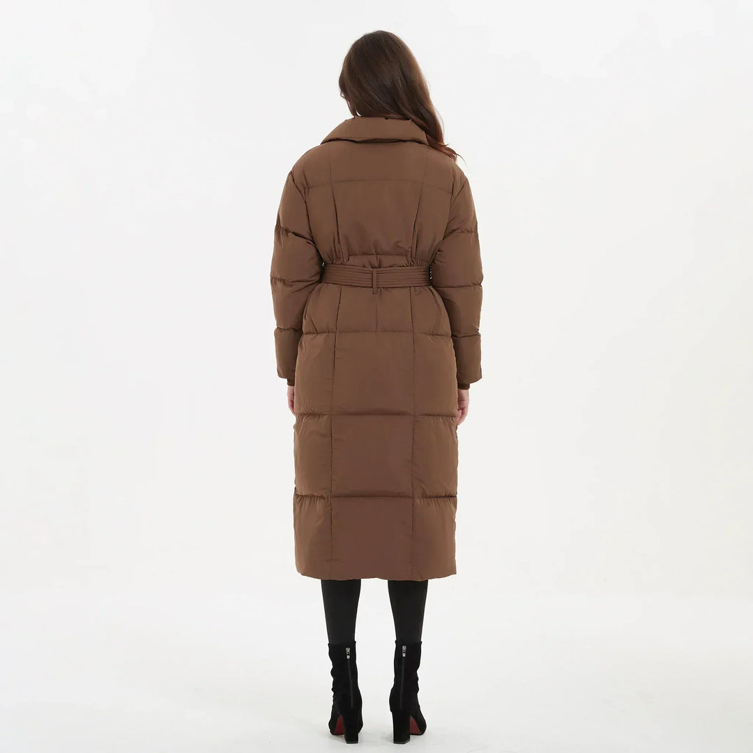 Women's long puffer coat Macey in Brown – back view