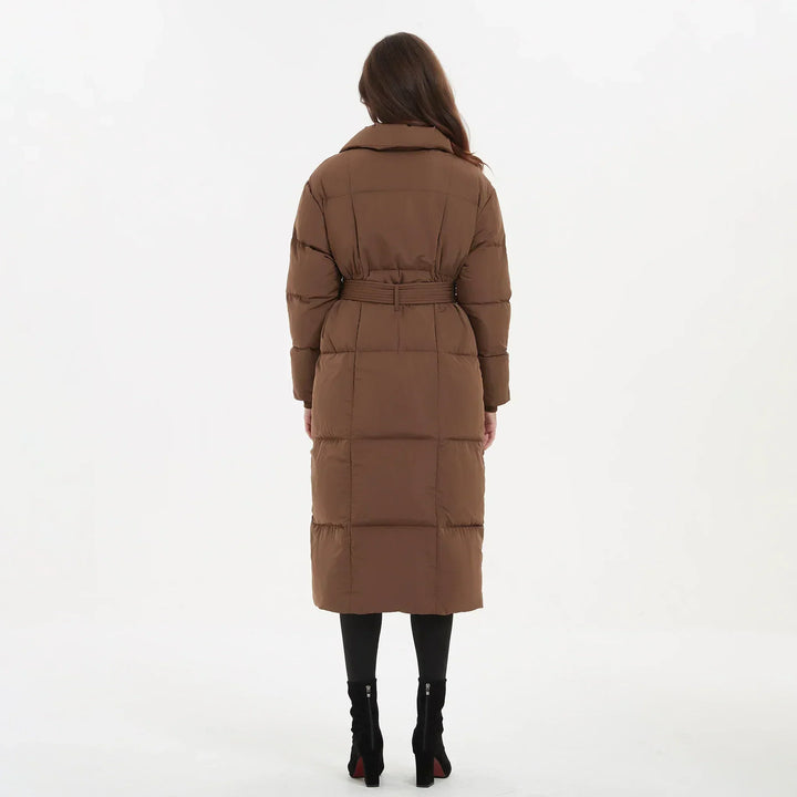 Women's long puffer coat Macey in Brown – back view