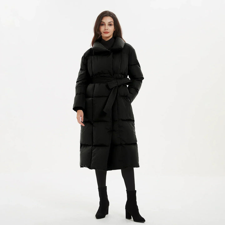 Women's long puffer coat Macey in Black – front view belted