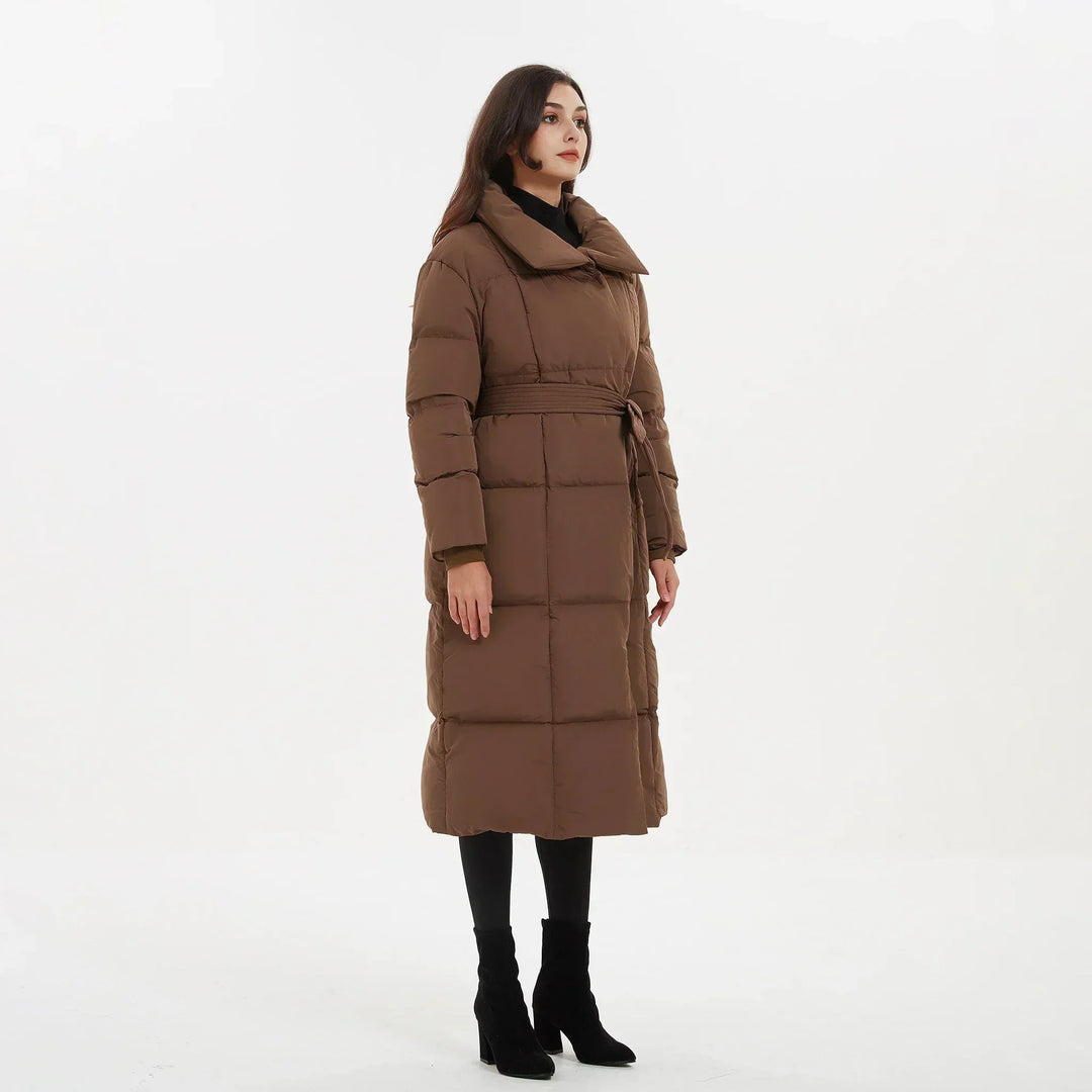 Women's long puffer coat Macey in Brown – side view