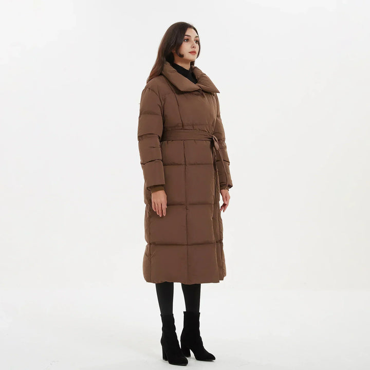 Women's long puffer coat Macey in Brown – side view