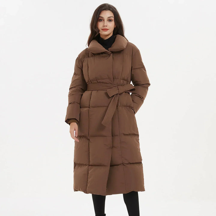 Women's long puffer coat Macey in Brown – close front view