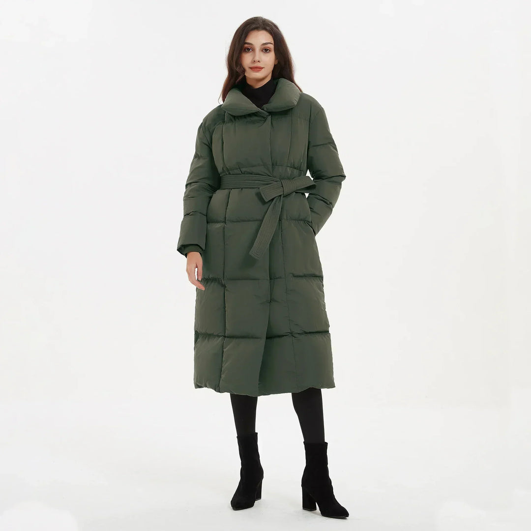 Women's long puffer coat Macey in Green – front view belted