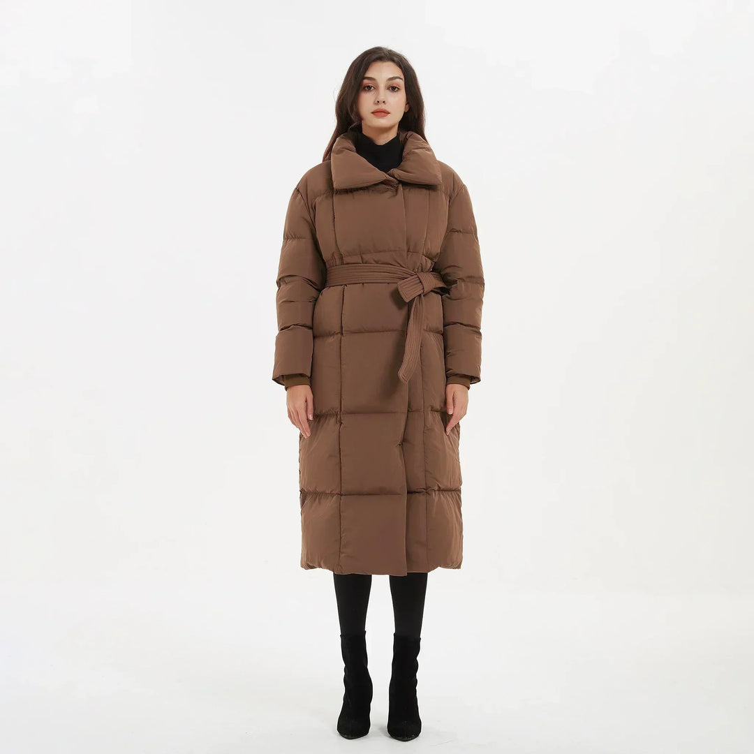 Women's long puffer coat Macey in Brown – front view belted