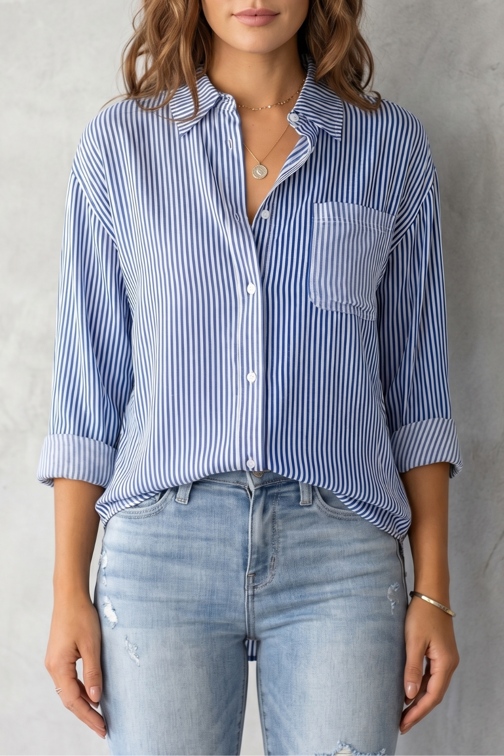 Women's Striped Button-Up Shirt with Chest Pocket - Sylvienne