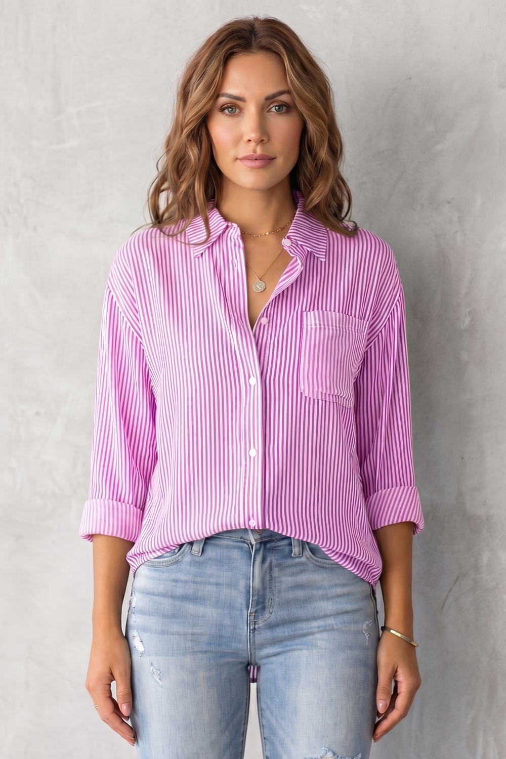 Women's Striped Button-Up Shirt with Chest Pocket - Sylvienne